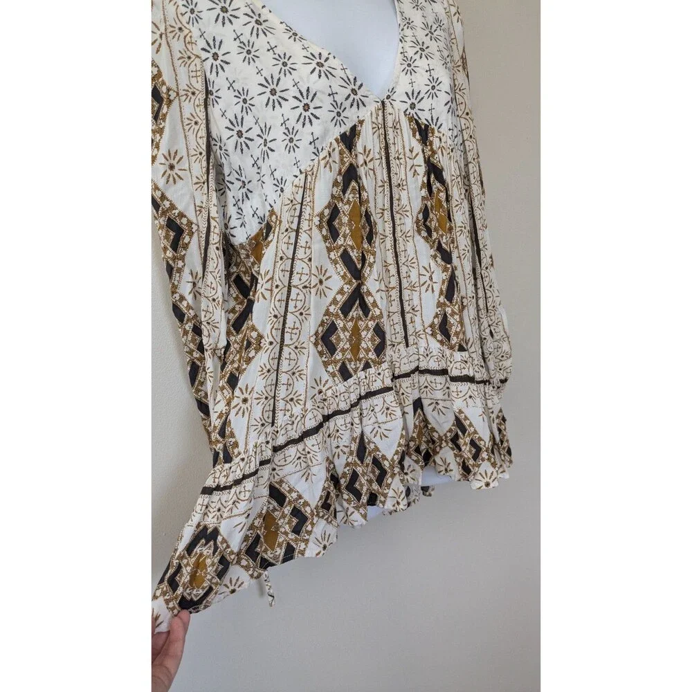 Free People Tunic Top XS Boho Flowy Festival Hippie Puff Sleeve Patchwork A-Line